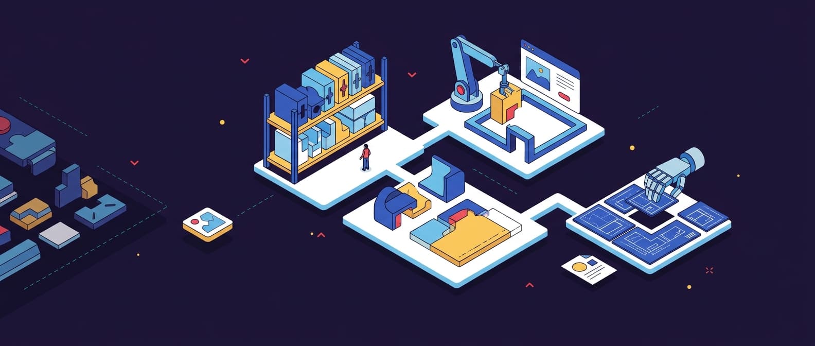 Illustration: A three-way branching workflow diagram rendered as physical modular components on a work surface: one path leads to a ne