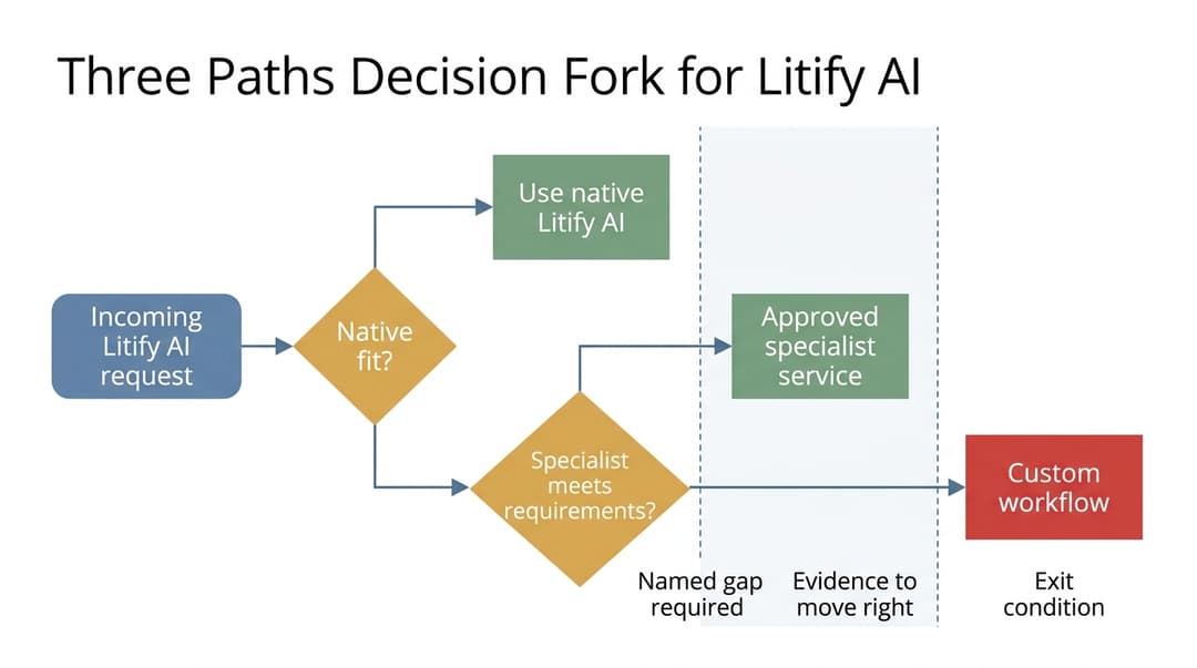 Decision flow showing Litify AI request entering native capability check, then approved specialist service check, then custom workflow, each with an exit