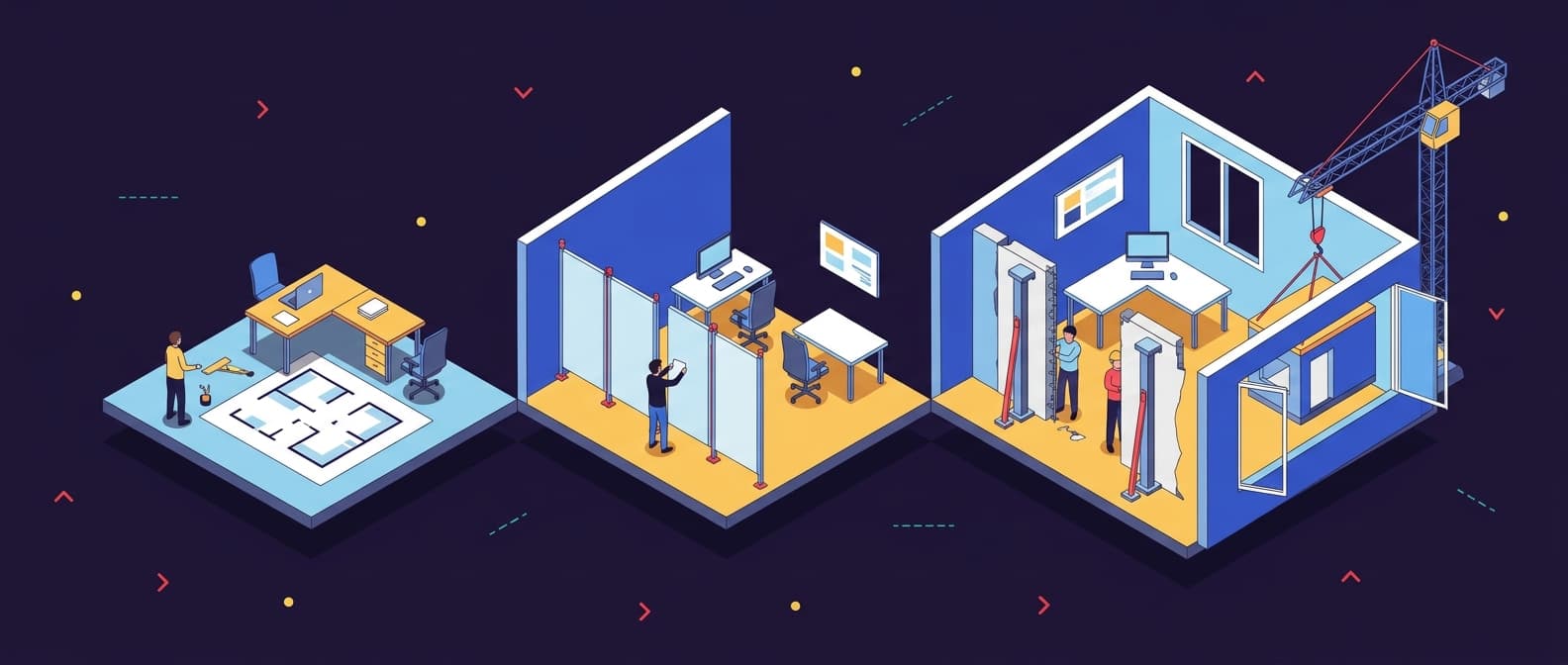 Illustration: In a cross-section of a leased office floor, four renovation zones sit side by side: in the first, a desk and chairs are shifted around a floor pl