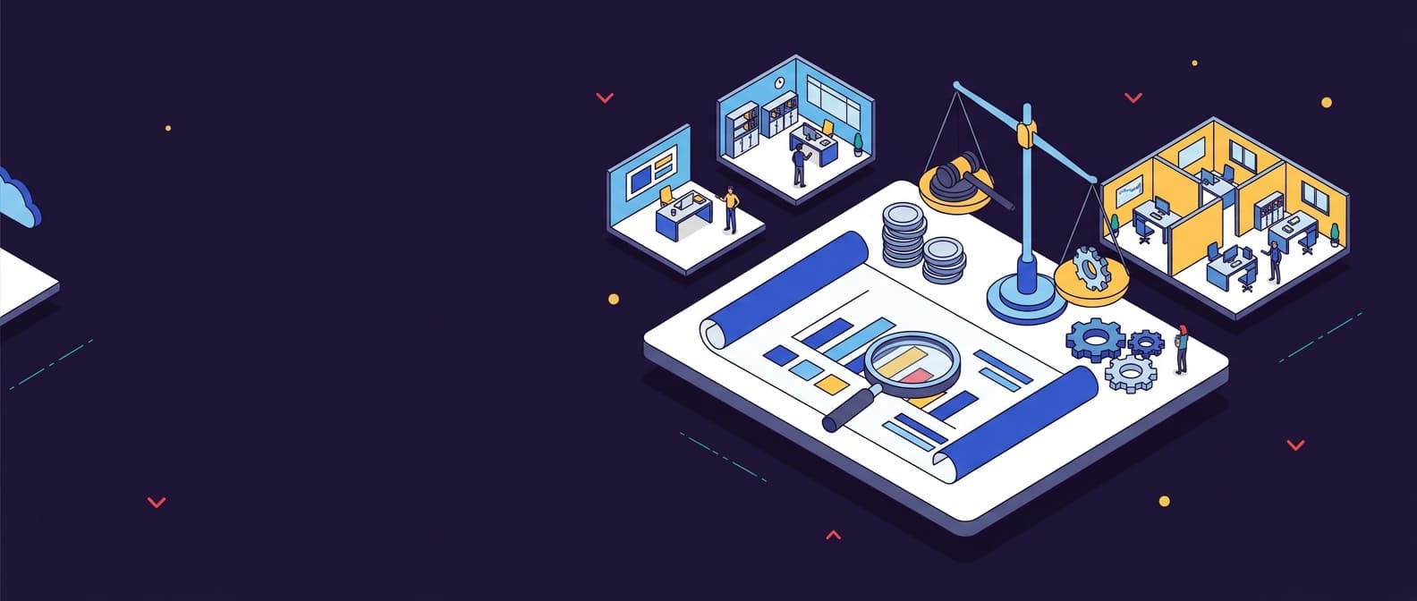 Illustration: An isometric flat-style scene depicts a legal operations cost analysis: a desk with an unrolled project blueprint made o