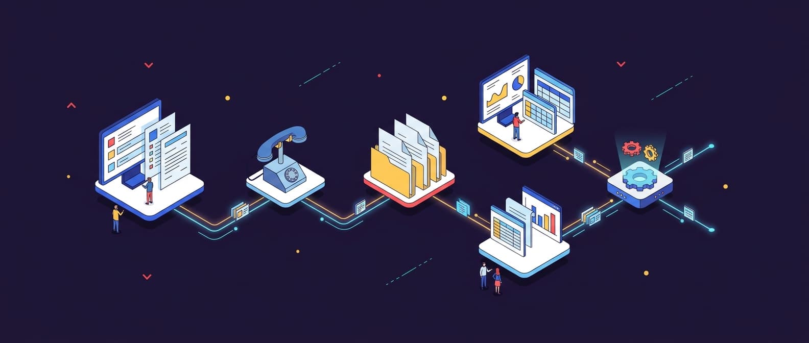 Illustration: An isometric cutaway of a law firm's digital workflow showing separate modules for client intake forms, a telephone hand