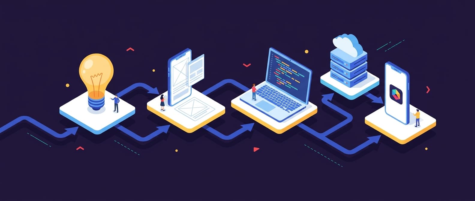 Illustration: An isometric scene showing the mobile app development journey as a series of connected platforms: a lightbulb representi