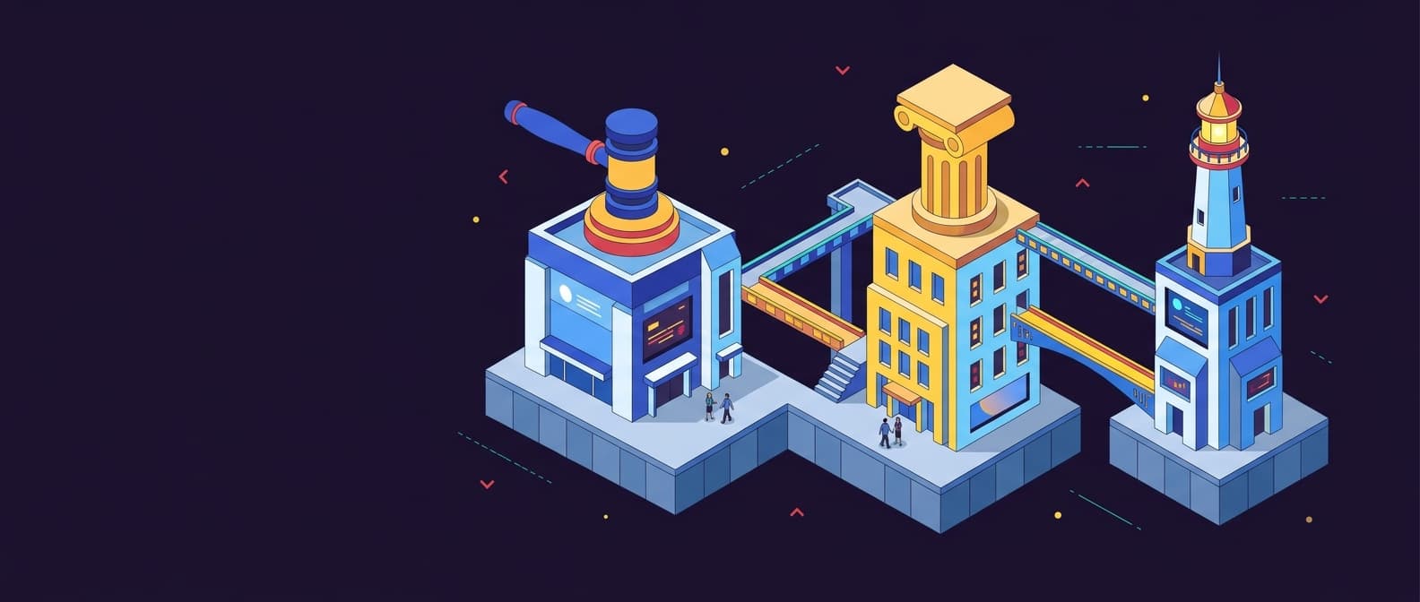 Illustration: An isometric scene shows a central shared foundation platform made of uniform interlocking blocks, with three separate l