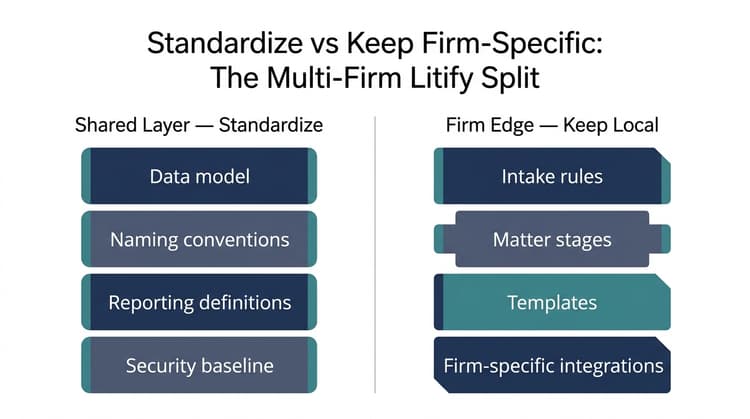 Two-column comparison showing standardized shared layer and firm-specific local layer for multi-firm Litify governance.