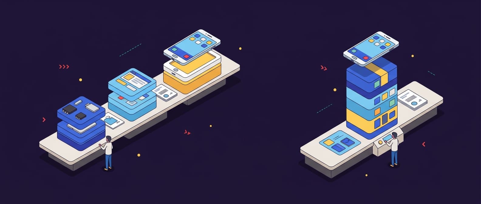 Illustration: An isometric split-view scene on a neutral worktable shows two identical mobile devices being assembled through contrast