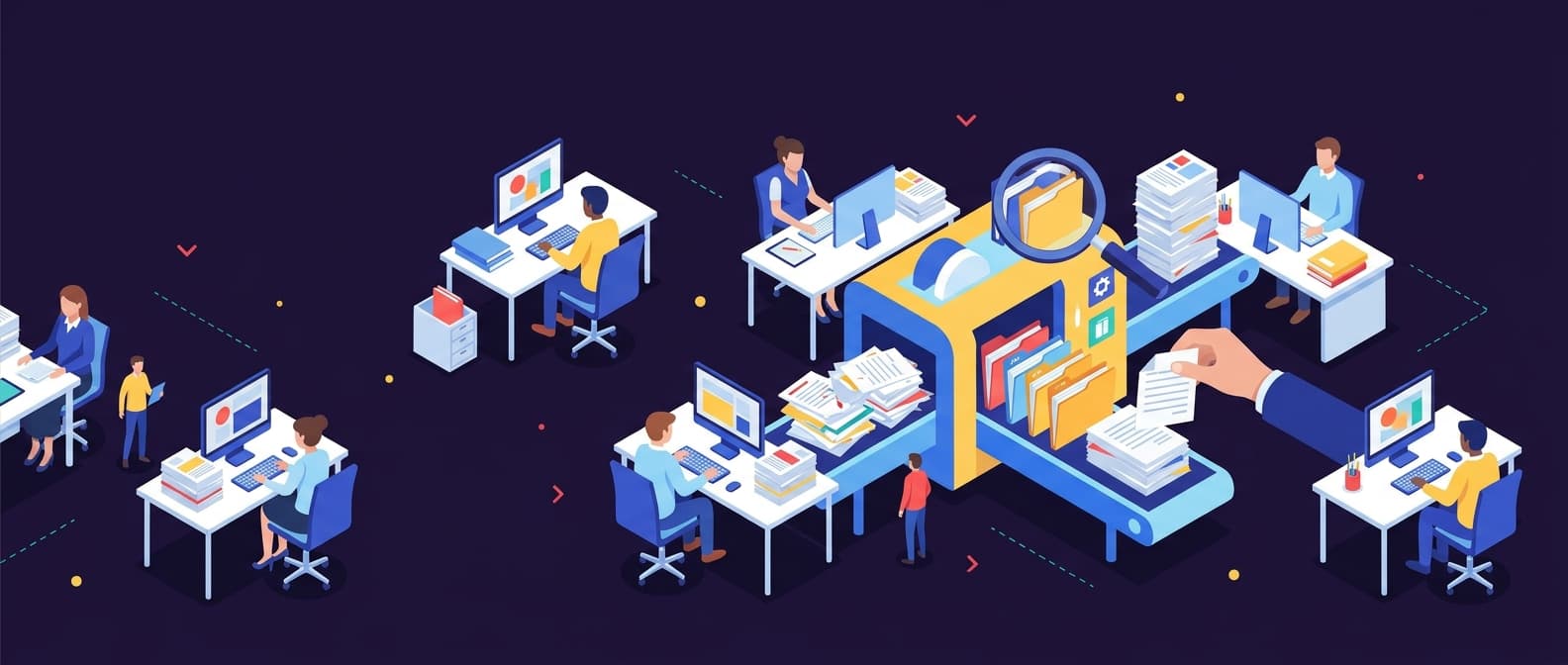 Illustration: A bright nonprofit office scene with several generic staff members at desks, each using a computer and placing stacks of
