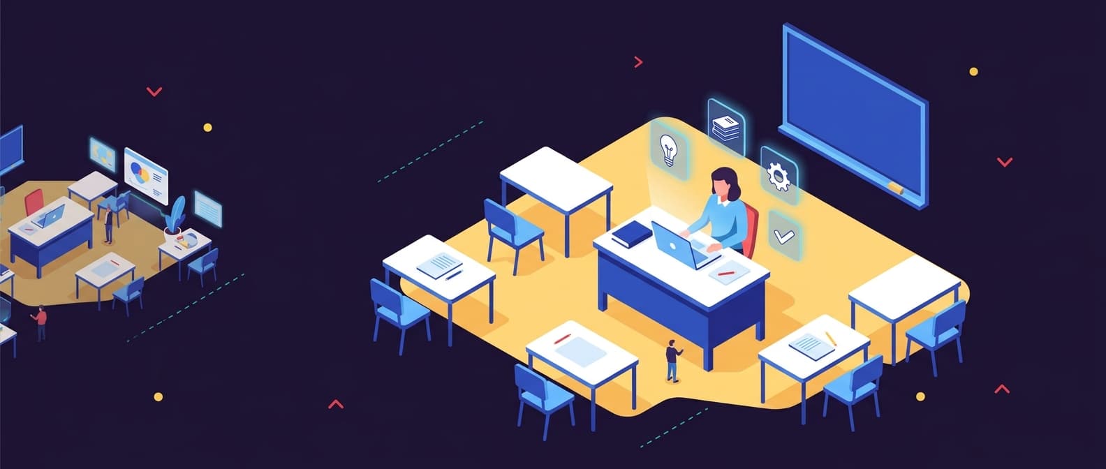 Illustration: An isometric illustration of a sunlit classroom where a teacher sits at a desk with a laptop, surrounded by floating hol