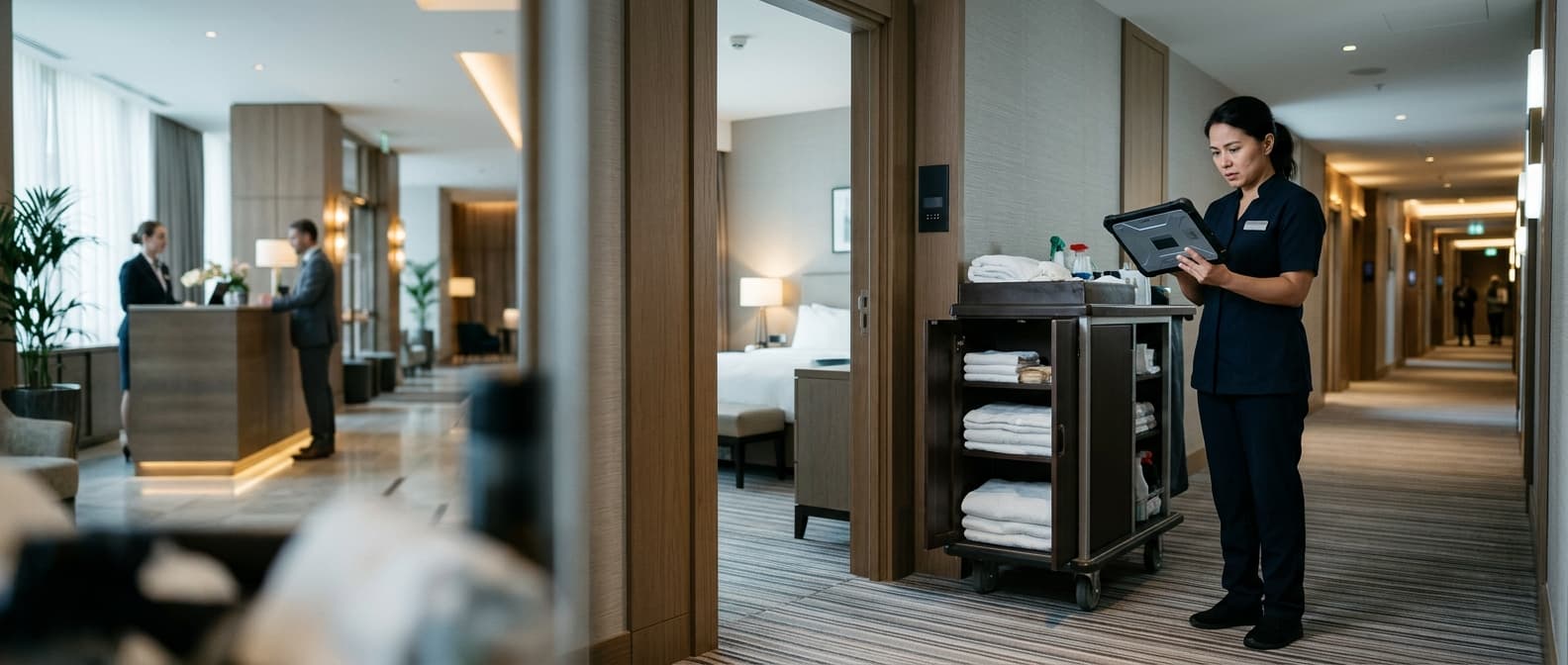 Photo: A hotel hallway with a housekeeping cart parked near an open guest room door, a staff member in uniform glancing at a ta