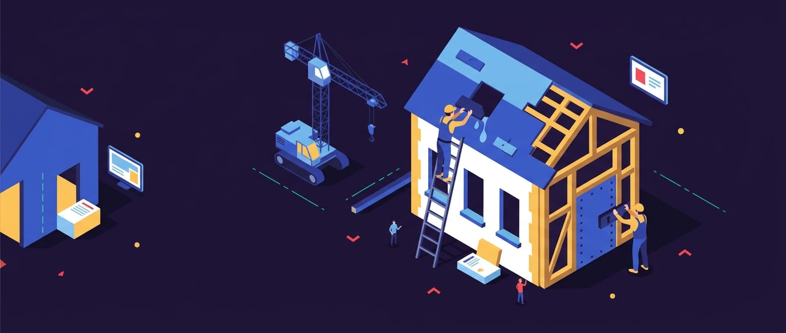 Illustration: workers repair the roof of a house while a crane stands idle, a metaphor for fixing an outdated CMS instead of rebuilding it.