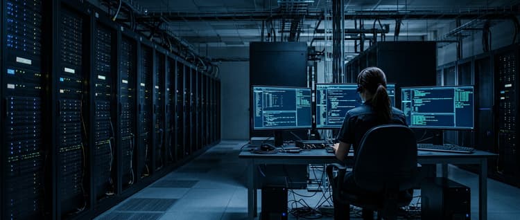 Isometric illustration: A dimly lit server room with a focused technician at a workstation, multiple monitors showing glowing command-line inter