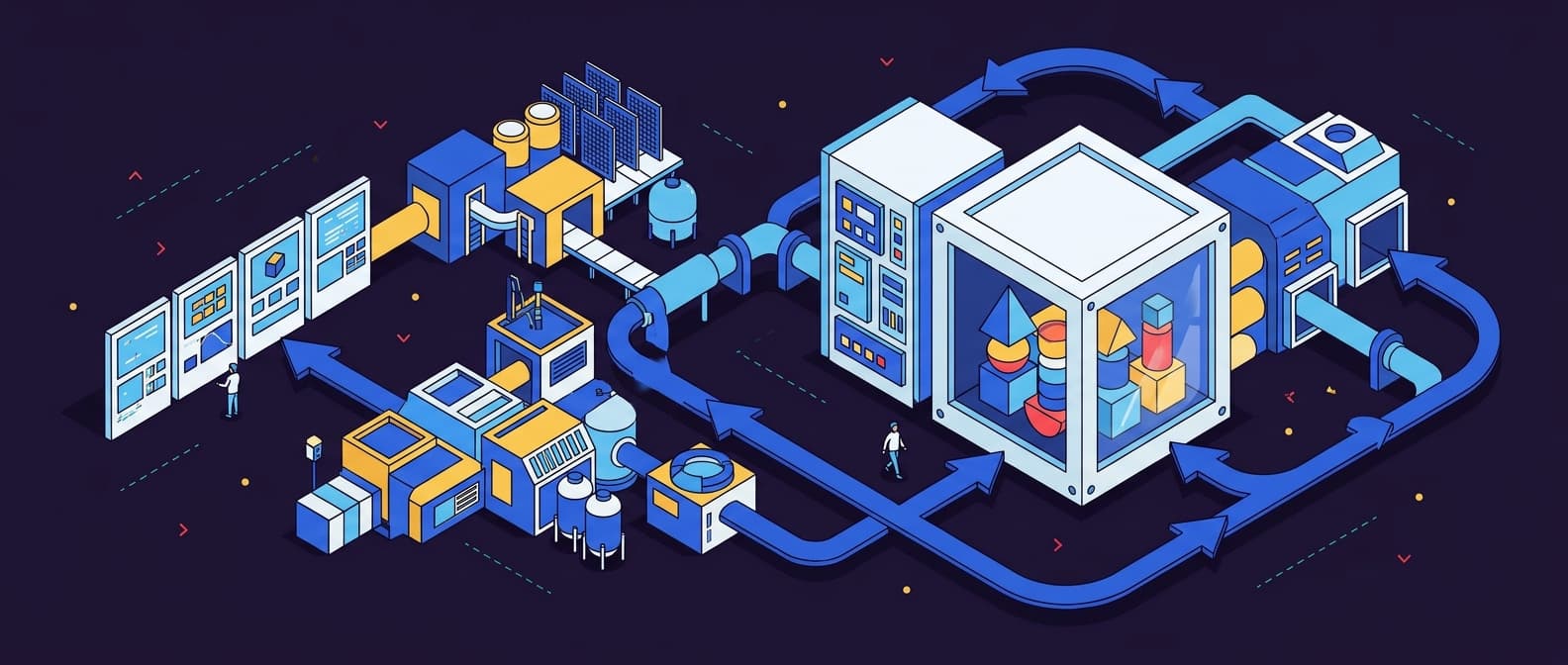 Illustration: A central cubic container with a clear window revealing stacked state objects, connected by a single loop of thick arrow