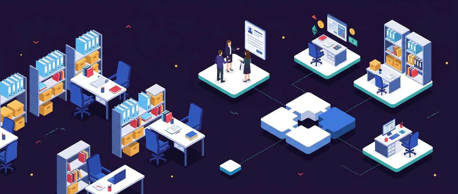Illustration: A flat isometric scene of a law firm office with desks, shelves of case files, and a central modular platform hub connec