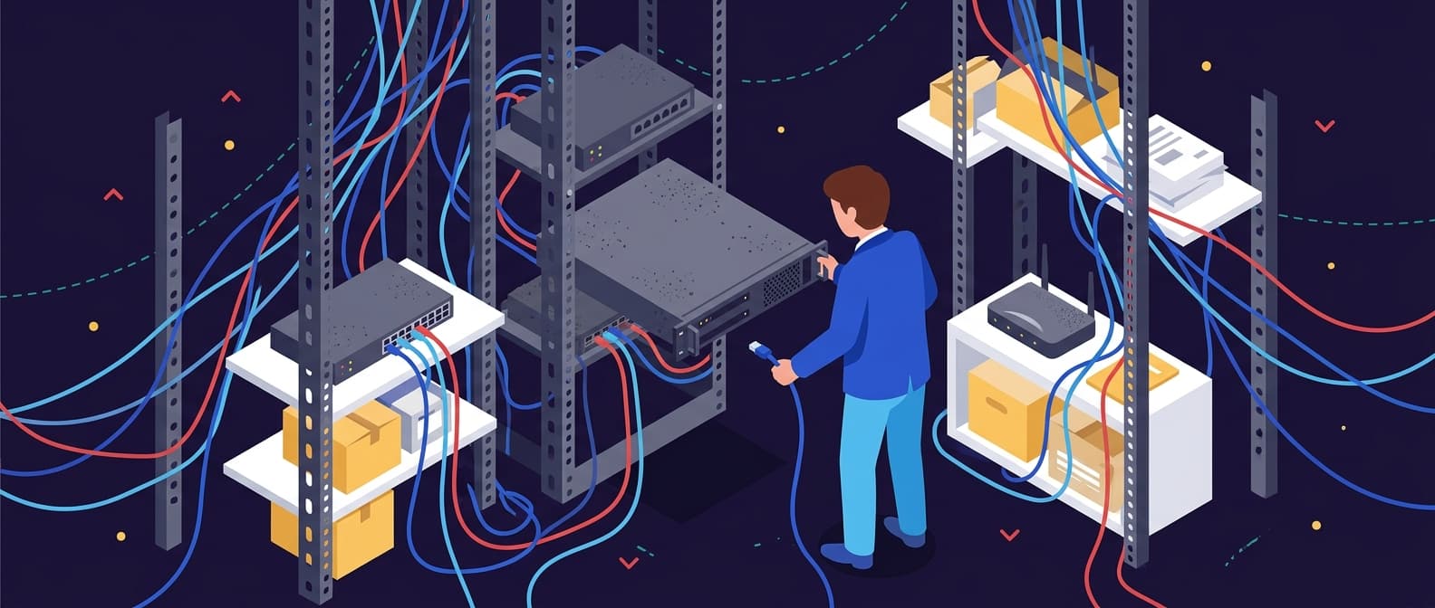Illustration: a technician unplugs a dusty old server in a cluttered rack, switching off what is no longer needed instead of patching it.