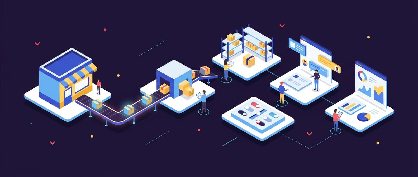 Illustration: An isometric workspace shows a simplified e-commerce storefront connected by glowing conveyor lines to separate modules
