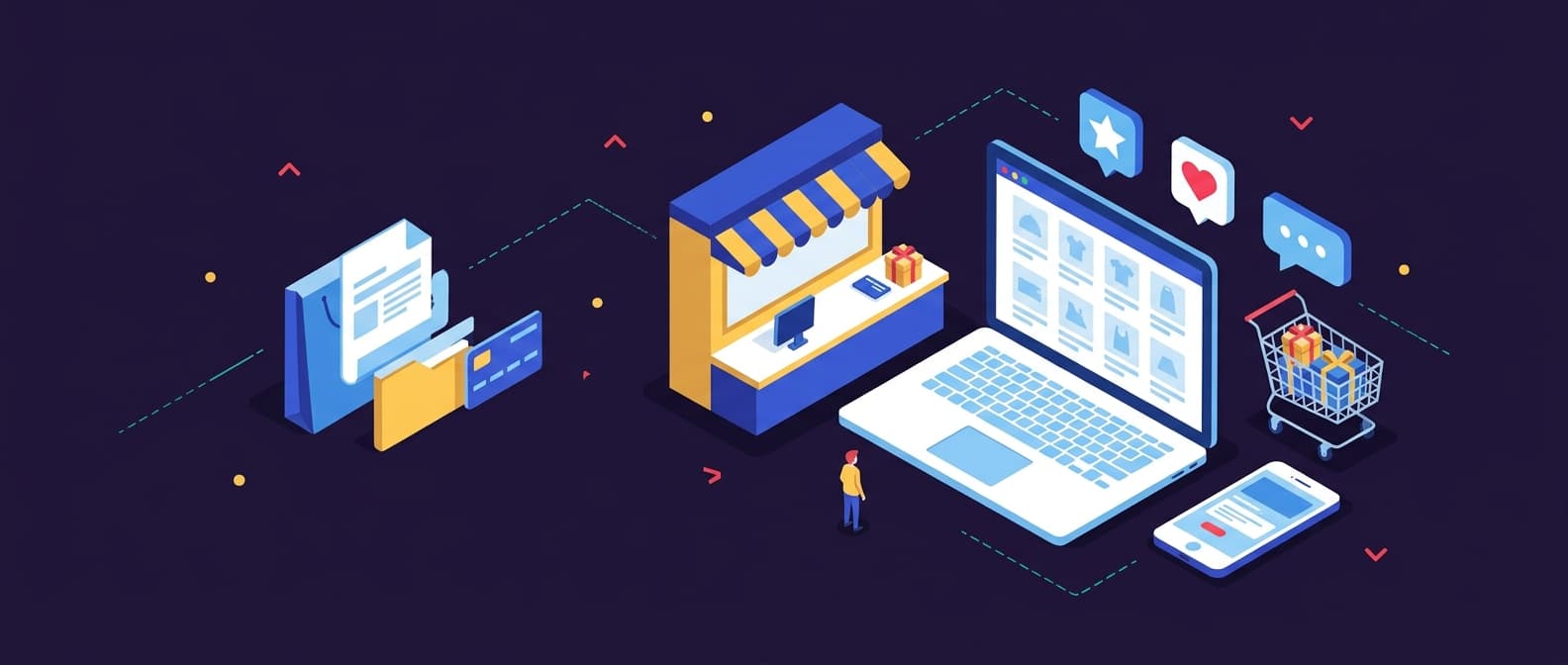 Illustration: A conceptual online retail environment with a storefront counter, an open laptop displaying a grid of generic product pl