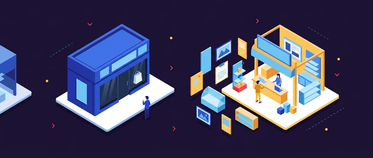 Illustration: Two adjacent digital storefront concepts face off in a clean workspace: one side shows a closed sleek storefront with a