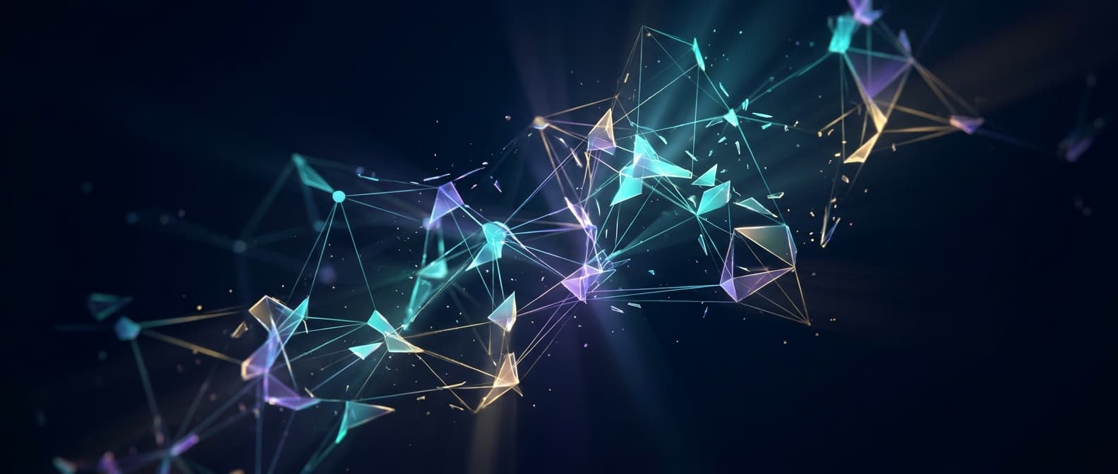 Illustration: A vast dark void contains a central lattice of interconnected nodes that fractures into smaller geometric shard-like seg
