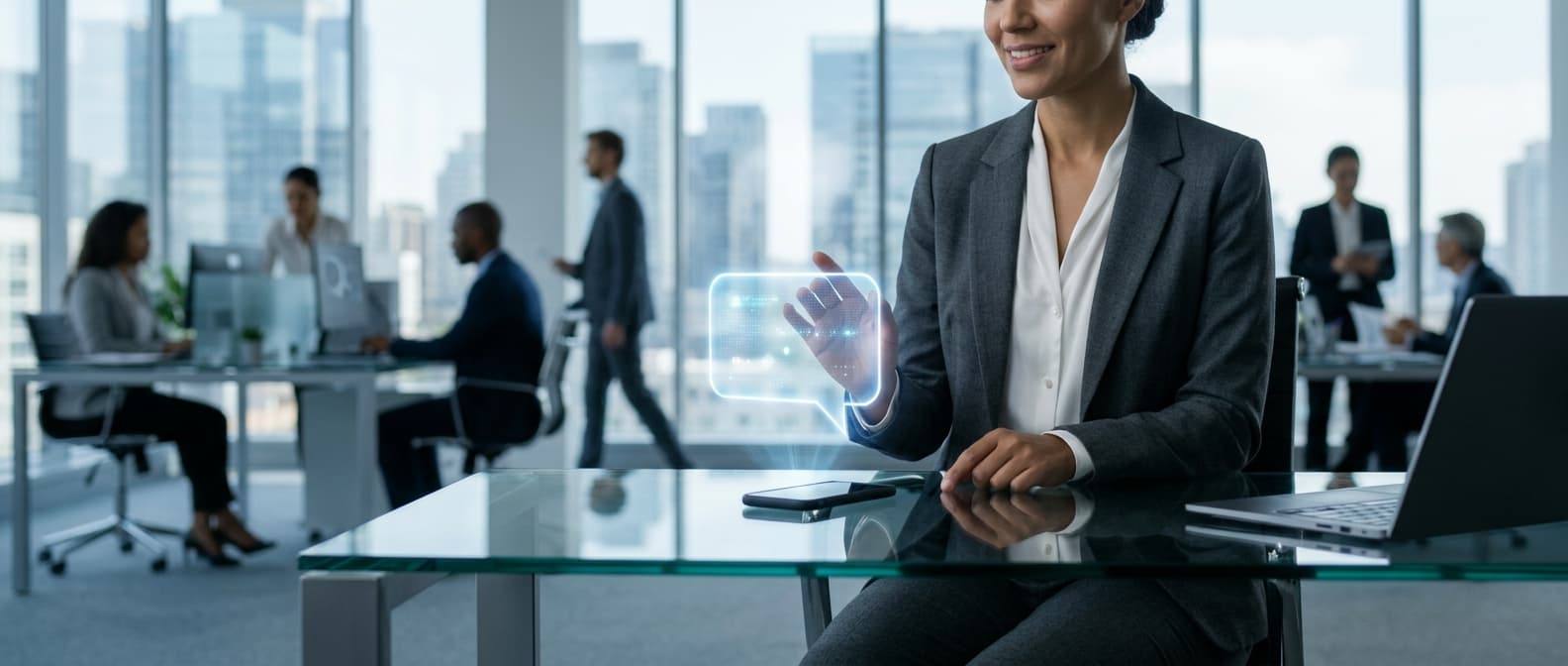 Photo: A business professional in a tailored suit sits at a sleek glass desk in a contemporary open-plan office, gesturing towa