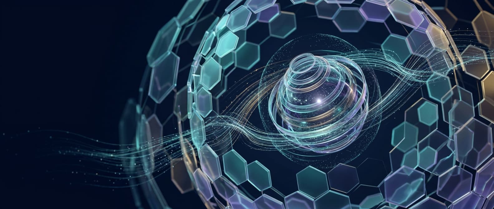 Illustration: A vast three-dimensional lattice of translucent hexagonal panels interwoven with flowing particle streams that converge