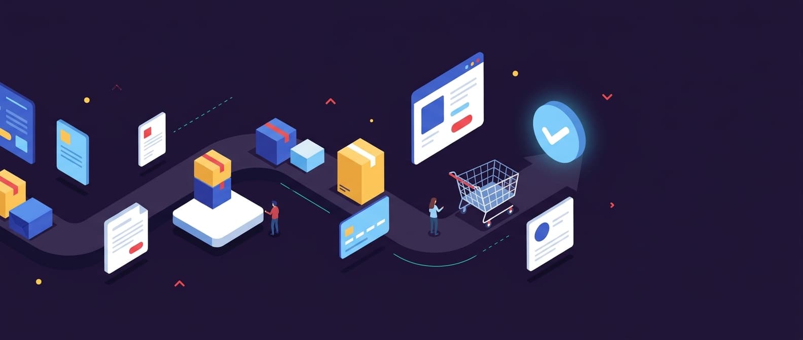 Illustration: An isometric flat-style scene of a simplified e-commerce checkout flow: a minimalist shopping cart glides along a curved