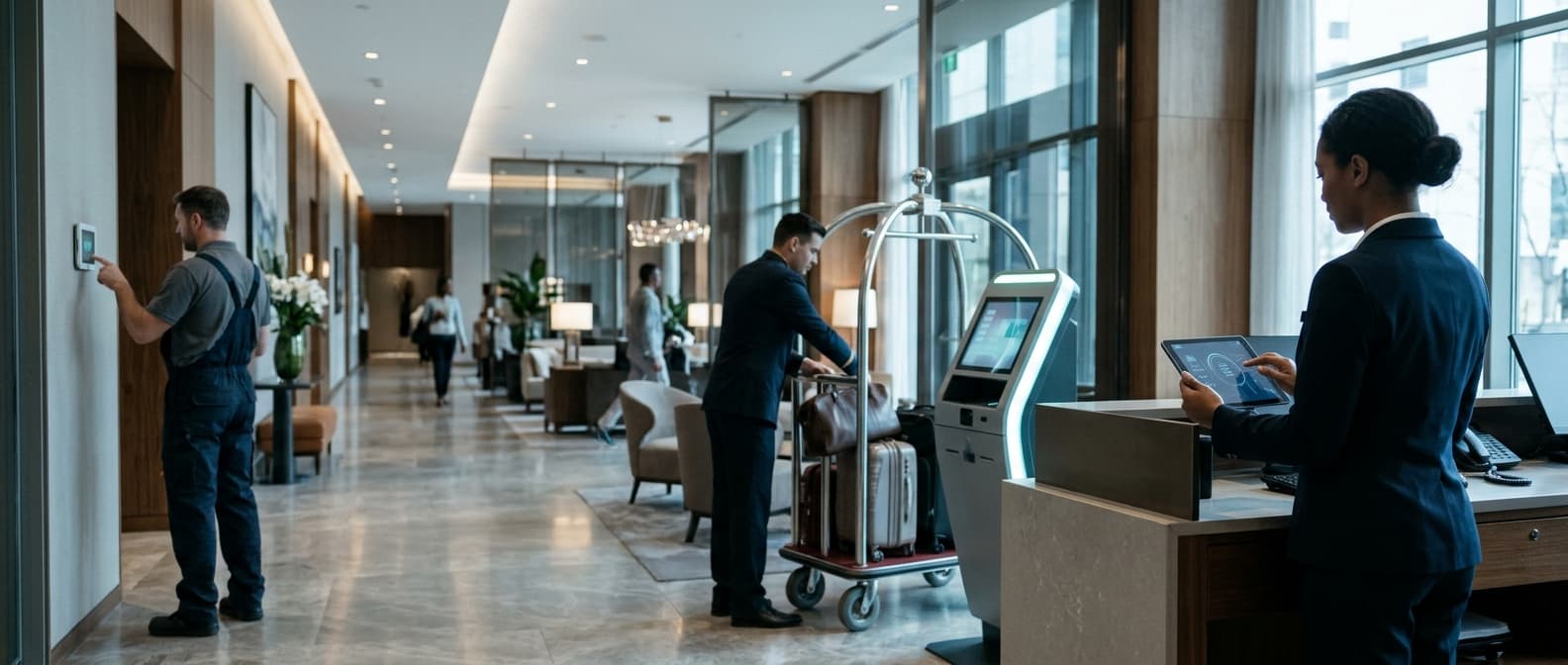 Photo: A modern hotel lobby scene where a front desk attendant reviews a handheld device while a bellhop arranges luggage near