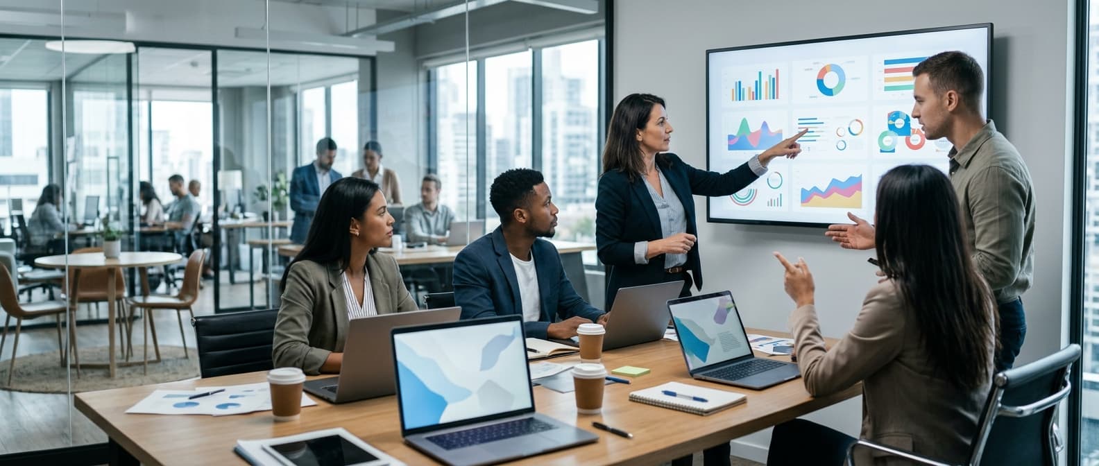 Photo: A group of generic marketing professionals in a bright modern office gather around a large wall screen displaying colorf