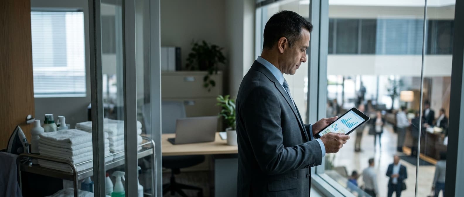 Photo: A hotel operations manager in a business suit stands in a quiet back office overlooking the lobby, studying a tablet tha