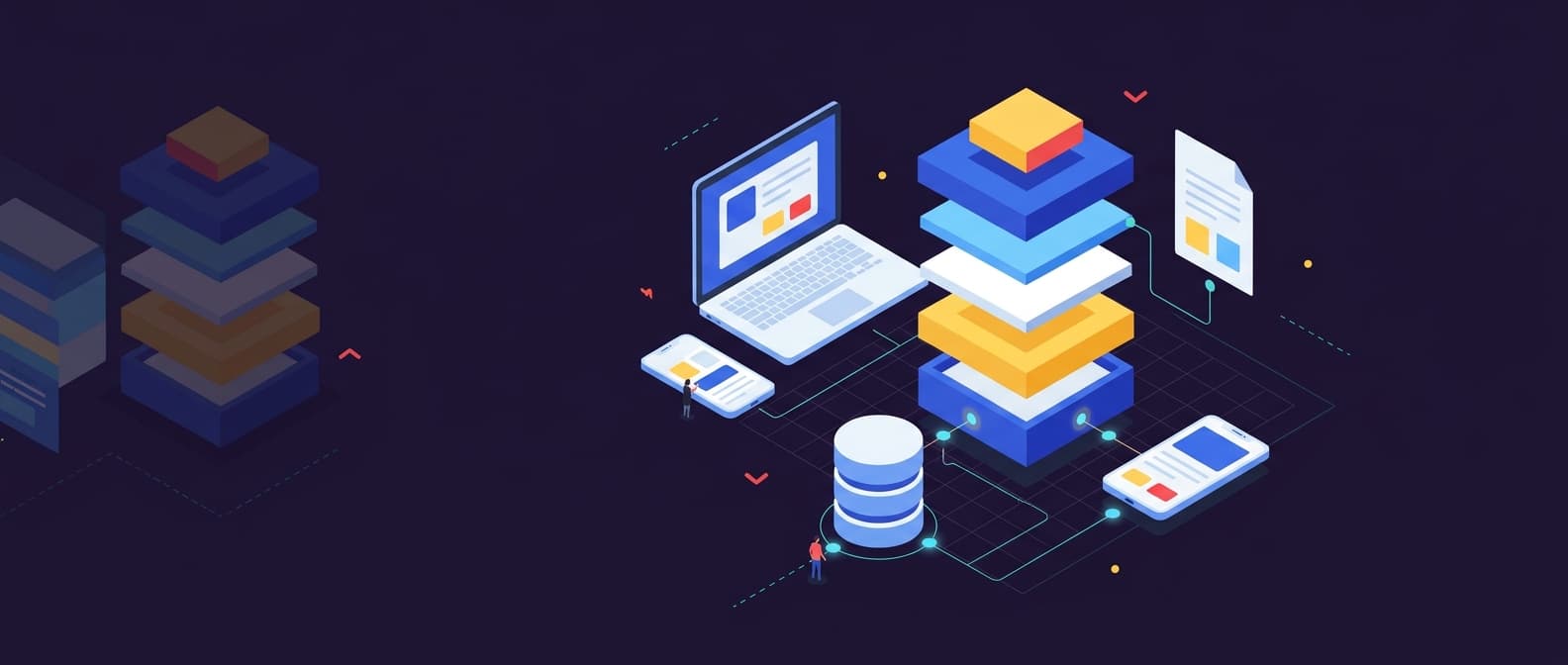 Illustration: A flat isometric illustration of a modular software stack built from layered geometric blocks, with a database cylinder