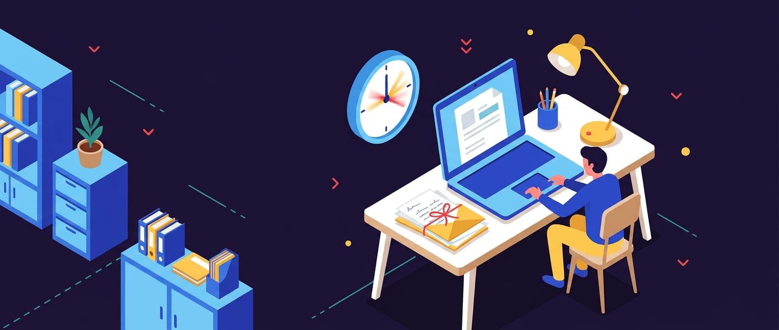 Illustration: A tidy home office desk with an open laptop showing a blank document, a stack of handwritten letters, and a clock whose