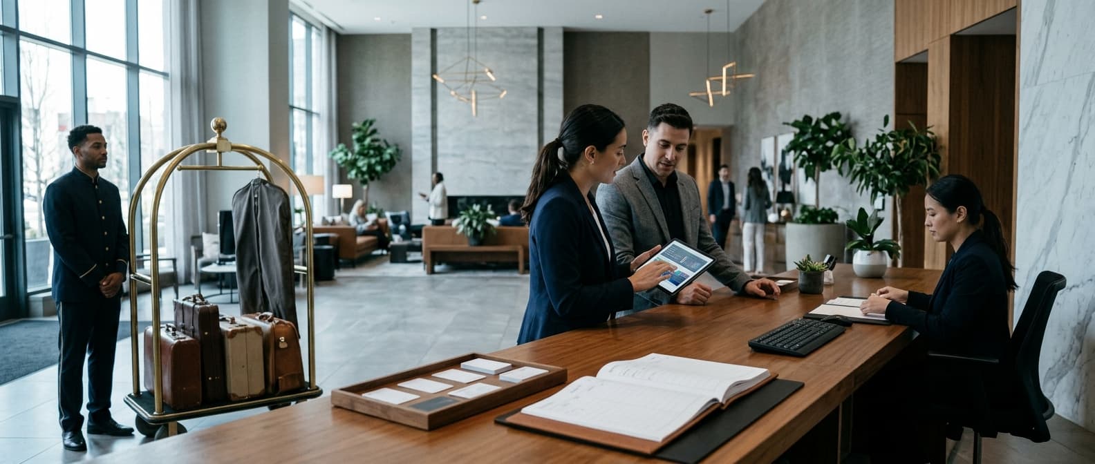 Photo: A hotel front desk team coordinates in a modern lobby while a bellhop waits with a luggage cart and a staff member studi