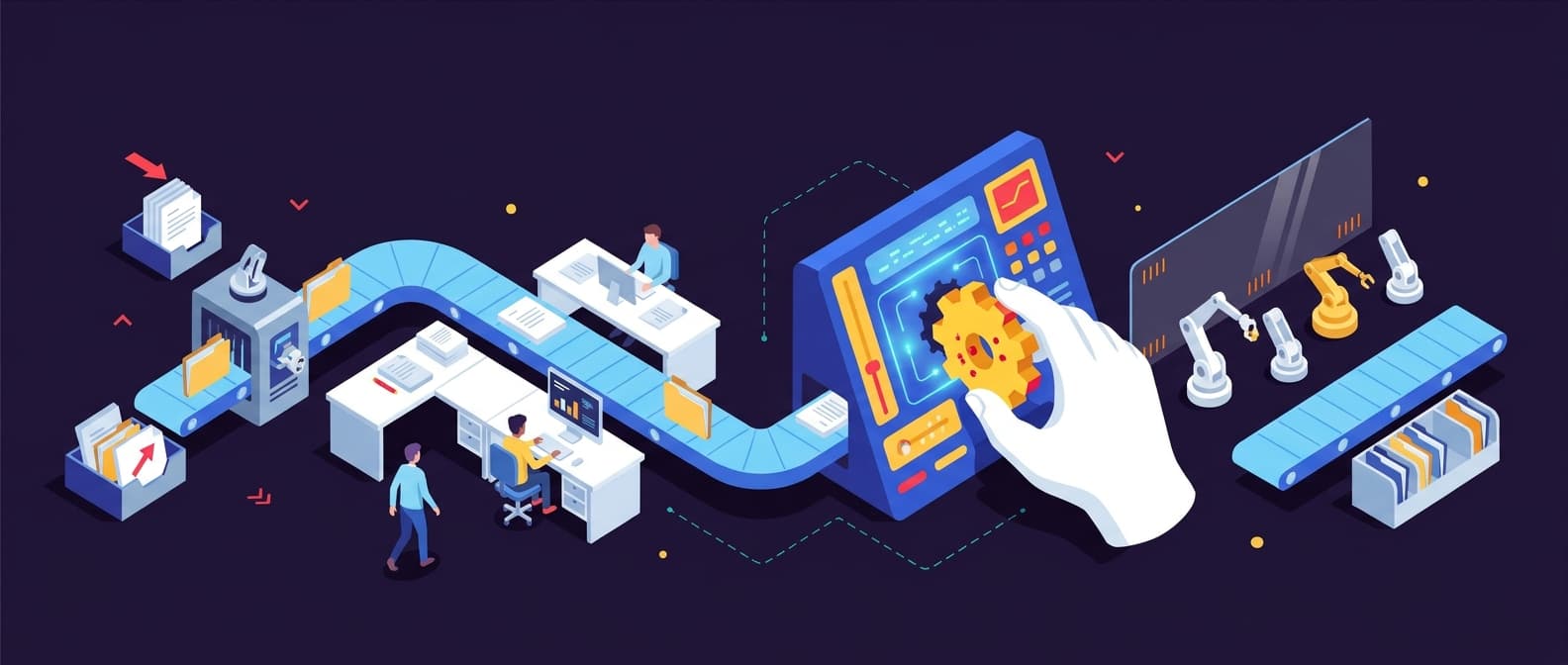 Illustration: An isometric office scene shows a conveyor belt moving folders from a document inbox through a series of desks toward a