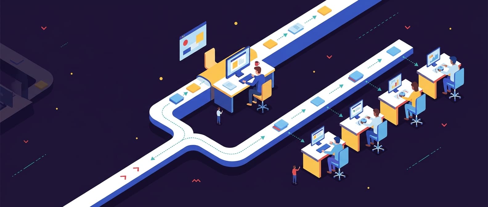 Illustration: An isometric scene of two parallel workflow assembly lines in a generic mid-sized office: the left line funnels tasks th