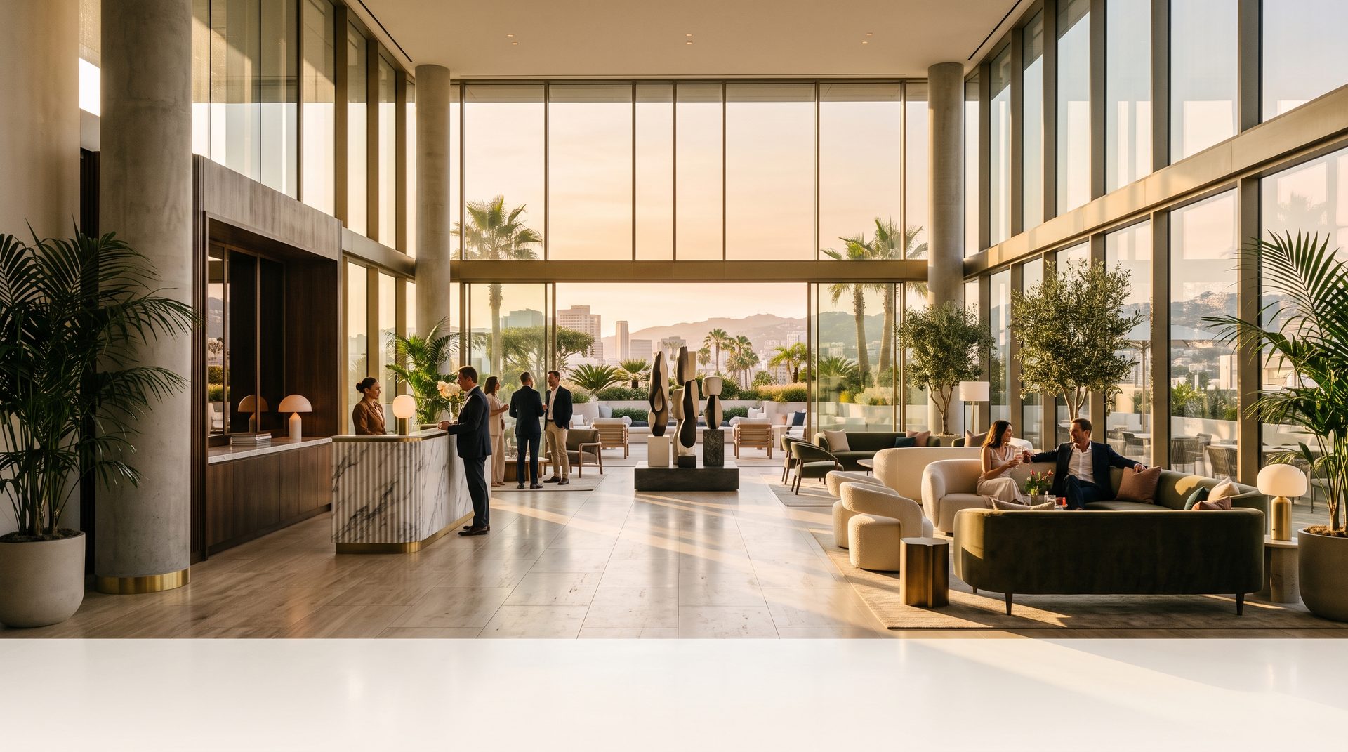 A luxury hotel lobby at golden hour — front desk, guests, and lounge.
